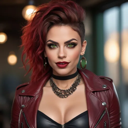 Prompt: Gorgeous ultra-muscular 25-year-old Swedish drag queen bodybuilder, (((messy very wild angular edgy teased ratty slightly curly asymmetrical hair style))), (((mixed red and black hair color))), Swedish, mid 20s, large busom, (((wearing red leggings))), (((tight leather jacket))), ((very detailed face)), ((very detailed and realistic eyes)), beautiful symmetric face, (mixed brown and green colored eyes), very full big lips, dark eyeshadow and dark red lipstick, smerking, full lips, (detailed lips), realistic eyebrows, stunning, sultry, gorgeous, ((exotic)), natural vibrant colors, confident, intriguing, captivating, giant statement earrings, necklaces, bracelets, jewelry, warm smile with teeth, advertising style, professional lighting, realistic colors, photorealism, full-body character design, high detail, realistic, posing, standing, (((award winning photo, professional realistic lighting, bokeh, UHD, 8k))), (((full view)))