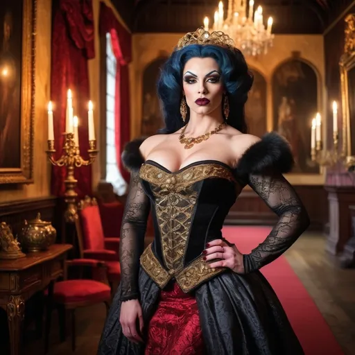 Prompt: Gorgeous muscular 25-year-old British drag queen bodybuilder with large busom, dark lipstick, heavymascara, vibrant Tudor-era attire, intricate lace details, embroidered patterns, serene expression, elegant pose, rich background of a historic castle, warm gold and deep crimson tones, soft diffused lighting, classical artwork style, ultra-detailed, regal atmosphere, capturing the essence of 16th-century nobility, majestic ambiance.