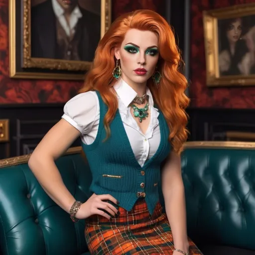 Prompt: Photorealistic image of a beautiful muscular 25-year-old German drag queen (very strong masculine jawline and brow features) with big busom and chic wavy shoulder-length orange hair and striking green eyes, wearing a stylish white blouse layered under a vibrant teal knit vest. She pairs this with a classic teal and black tartan skirt, alluring white tights, and elegant black stiletto heelss. she stands gracefully in an opulent Belle Époque lounge, richly decorated, rich patterns, luxurious ambiance, 8K resolution, ultra-detailed.