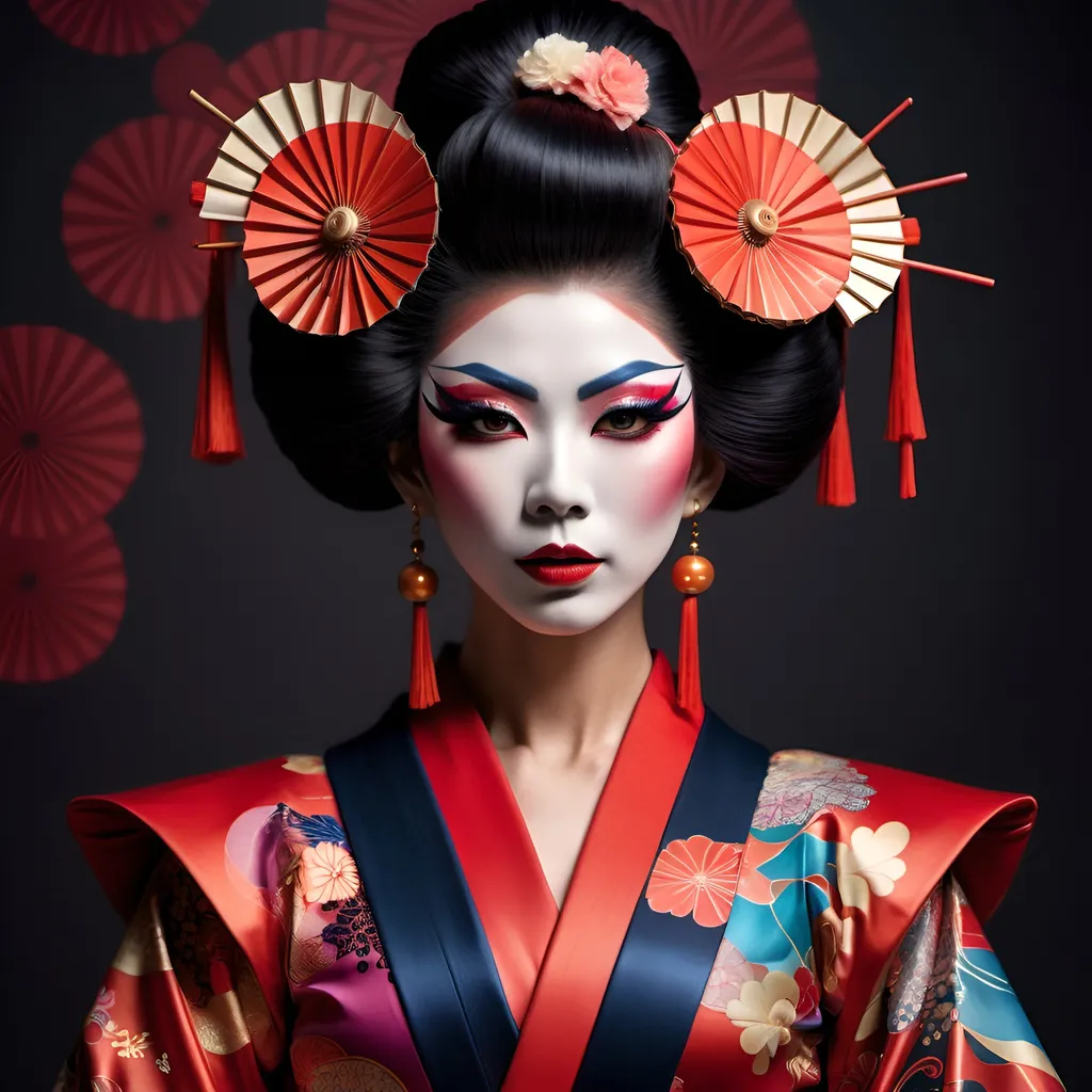 Prompt: Gorgeous muscular 25-year-old Japanese drag queen dressed up as a Avantgarde geisha, (innovative styling), bold colors, intricate patterns, striking makeup, (dramatic hairstyles), seamless blend of tradition and modernity, (elegant pose), atmospheric background with abstract elements, captivating and surreal vibe, (highly detailed), enchanting yet edgy aesthetic, (4K quality), intriguing juxtaposition of vintage and contemporary.