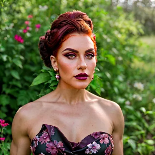 Prompt: award-winning full-length portrait of a gorgeous muscular drag queen (strong masculine jawline and facial features) with dark red updo hair, dark eyeshadow,  and dark lipstick, chic floral dress, outdoors, dainty bouquet of wildflowers, high-quality, oil painting, detailed floral patterns, serene atmosphere, elegant, natural lighting