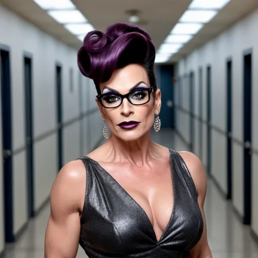 Prompt: A gorgeous muscular 45-year-old French drag queen school principal, with large busom, dark eyeshadow,  dark lipstick,  updo hairstyle, horn rimmed glasses,  wearing professional business woman attire. Walking down the school hallway.