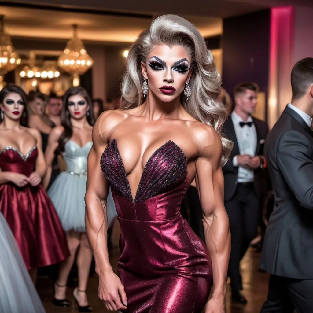 Prompt: Gorgeous ultra-muscular 18-year-old Czechian drag queen bodybuilder dressed in a gorgeous prom dress with 8 inch stiletto high heel shoes,  dark smoky eyeshadow,  heavy stylish eye liner, mascara, and dark red lipstick. Walking across the dance floor.