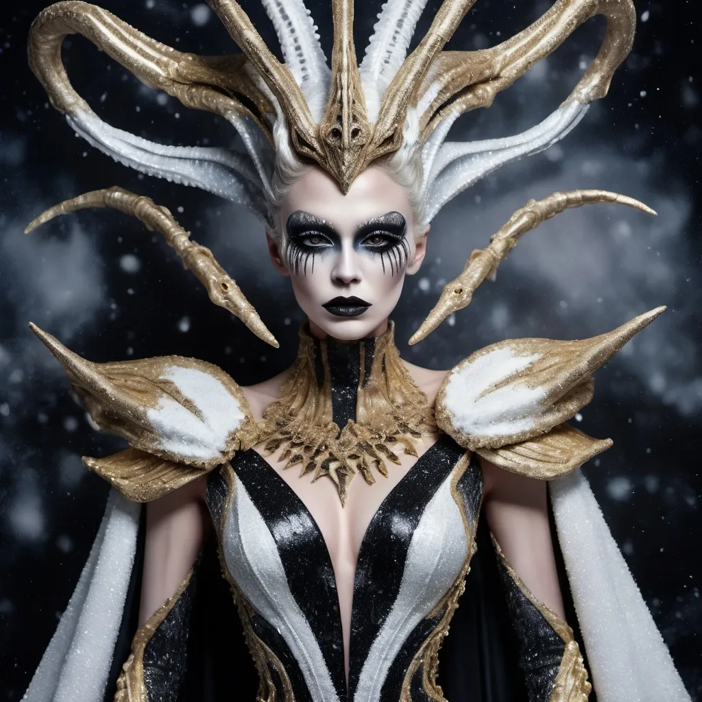 Prompt: Full body, Hyperrealistic gorgeous Czechian drag queenwearing eccentric couture dress made of black, white and gold marble inspired by the xenomorph, with giant dark frost ice crystals on the shoulders decor, looking directly at camera, dark eye makeup, dark lipstick, inspired by Klimt, against dark snow background