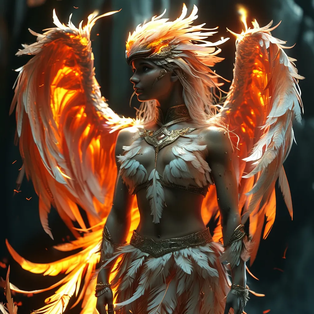 Prompt:  a flaming phoenix is perched on a 25-year-old goddess's shoulder. The 25-year-old goddess has clothes made of feathers and looks like a phoenix as a 25-year-old goddess. Full length. Muscular.