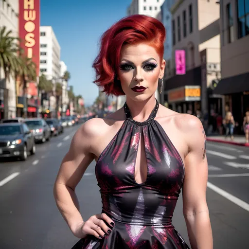 Prompt:  Gorgeous muscular 25-year-old Finnish drag queen with cute sassy bright red hair, dark eyeshadow,  dark lipstick,  wearing A trendy short printed halter dress popular in the United States, designed for women aged 25-35. Posing on Hollywood Boulevard. 