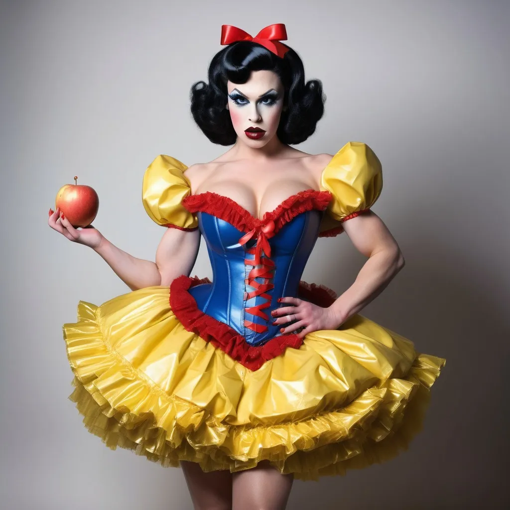 Prompt: Gorgeous ultra-muscular 25-year-old well endowed Finnish drag queen (strong masculine jawline and brow features) with dark eyeshadow,  dark lipstick, and ridiculously short shiny black hair dressed as Snow White with a yellow frilly dress, a blue & red corset, a red ribbon in her hair, and 8 inch stiletto high heel shoes.  Holding an apple in a quaint cottage.