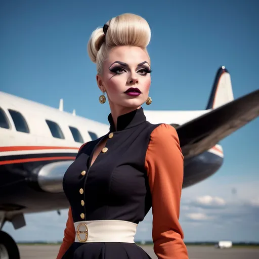 Prompt: Gorgeous ultra-muscular 25-year-old Finnish hour glass figured drag queen with ridiculously long wavy black updo bun hairstyle, dark eye makeup,  dark lipstick, dressed as a 1960s stewardess,  passenger plane in background. Full length photography.