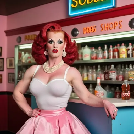 Prompt: Gorgeous muscular 1950's drag queen bodybuilder with red hair and big busom, poodle skirt, angora sweater, stiletto high heel saddle shoes, detailed clothing, realistic, natural lighting, 1950's soda shop