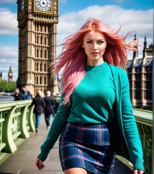 Prompt: 8k hi-res hd digital realistic photograph, windswept ridiculously long pink haired Czechian woman with blue eyes, square face, huge busom, walking on Westminster Bridge, Big Ben in background, wearing blue-green tartan sweater, navy pencil skirt, black 8 inch stiletto high heel shoes, windswept hair, muscular physique, summer day, high-res, pro photo, detailed facial features, realistic style, sunny day lighting, muscular physique, fluid movement, dynamic motion. Ultra-detailed.  Ultra-realistic. 