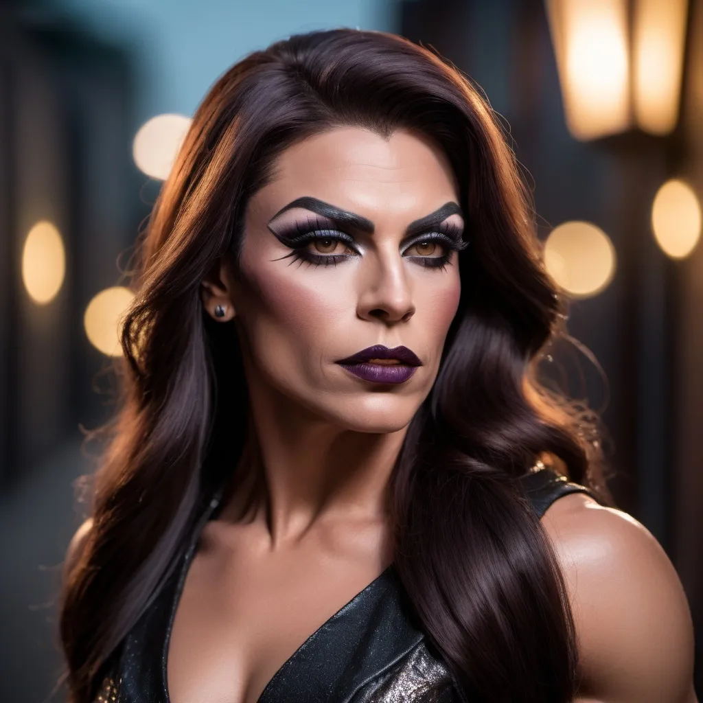 Prompt: medium shot of gorgeous muscular 35-year-old powerful drag queen (with strong masculine jawline and brow) with long dark brown hair (dark eye makeup anddarklipstick), fantasy, ambient outside lighting, unreal engine 5, warm colours, dark powerful outfit, EF 70mm Canon