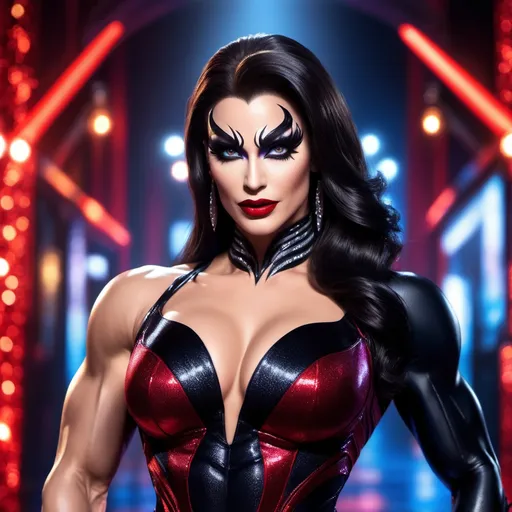 Prompt: If Venom was a gorgeous muscular drag queen (full length photo) with long muscular legs and a very muscular physique. Performing in a beautiful gown. Dark eye shadow, heavy mascara, and dark red lip stick.