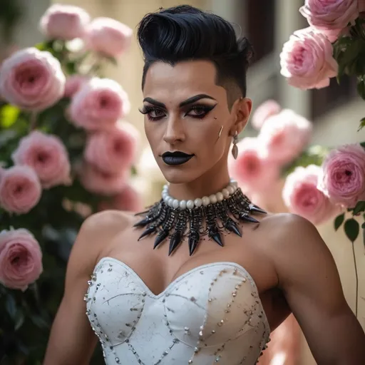 Prompt: GS photigraph shot on a Sony A7R IV, 50mm f/1.8 lens, ISO 100 Glamour photography of stunningly Gorgeous, very muscular, suntanned, 25-year-old, suntanned, Greek drag queen (with masculine jawline and brow facial features, dark lipstick) at a ball in the Rococo hall, dress half pink, half white, studded collar, small details, smiling, huge fangs, radiance, flowers, cracks, thorns, full length, slightly at a distance, volume, guro, anatomy, hyper realistic , nightmare aesthetics, horroblood style,  reality, symbiosis, hybrid, abstraction, deep rendering, professional photography, cinematography, full detail, elaboration of hands and fingers