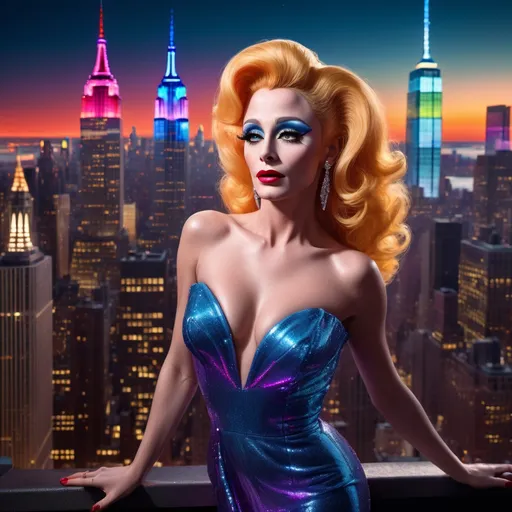 Prompt: James Dean  dressed as a 25-year-old gorgeous drag queen Cher posing on the ledge of a building, high above NYC.