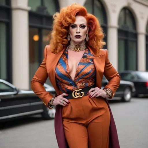 Prompt: I would like to create a beautiful muscular 35-year-old Norwegian drag queen. Full burnt orange curly hair, big busom, and full burgundy lipstick, designer gucci pattern outift gucci designer outfit