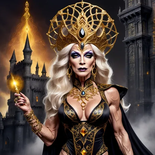 Prompt: Fantasy illustration of a powerful 70-year-old British drag queen bodybuilder sorceress, vibrant gold and black color palette, ancient castles in the background, dark eye makeup, darl lipstick,  flowing silk garments with intricate Wiccan patterns, majestic headdress adorned with gemstones, 8 onch stiletto high heel shoes, mystical glowing staff, high quality, detailed fantasy, British, mystical, powerful sorceress, gold and block, ancient castles, flowing garments, Wiccan patterns, majestic headdress, glowing staff, fantasy illustration, vibrant colors, mystical atmosphere