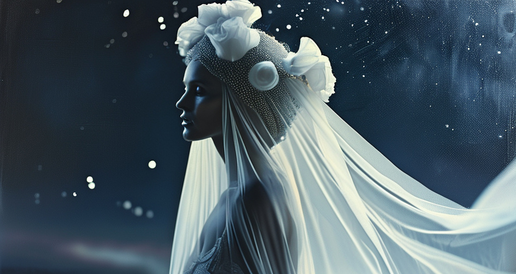 Prompt: (beautiful white Swedish drag queen) walking gracefully under a starlit sky, (melancholic mood), deep indigo and shimmering silver tones, soft ethereal glow, a delicate veil of night softly surrounding her, gentle whispers of a cool breeze, capturing a moment of quiet elegance, (highly detailed), enchanting landscape in the background, timeless and romantic atmosphere.