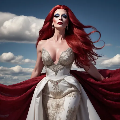 Prompt: (masterpiece), (best quality), (ultra-detailed), A gorgeous 35-year-old Finnish drag queen standing gracefully, her delicate figure silhouetted against the backdrop of a breathtakingly beautiful sky. The air is filled with a sense of serene tranquility as the wind gently rustles through her  dark red hair, causing the extremely delicate and beautiful fabric of her dress to billow softly around her. As she gracefully moves, flying splashes of water and petals accompany her, caught up in the ethereal dance of the wind. The scene is a symphony of beauty, with every detail meticulously crafted to evoke a sense of wonder and awe