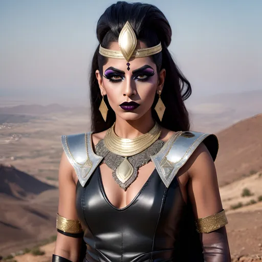 Prompt: Create a portrait photo of a young Arabic drag queen warrior chief with a serious expression, dark eye makeup and dark lipstick, standing on a hilltop overlooking a vast landscape. Use 50mm portrait photography to create a close-up and unique perspective, and capture the strength and determination in her eyes.