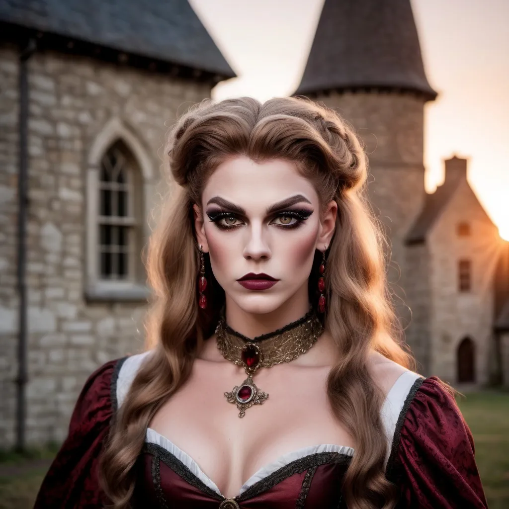 Prompt: Gorgeous muscular 18-year-old British drag queen Pilgrim with dark blonde hair, very strong masculine jawline and brow,  dark eyeshadow and dark red,  posing in 17th century America at sunrise.