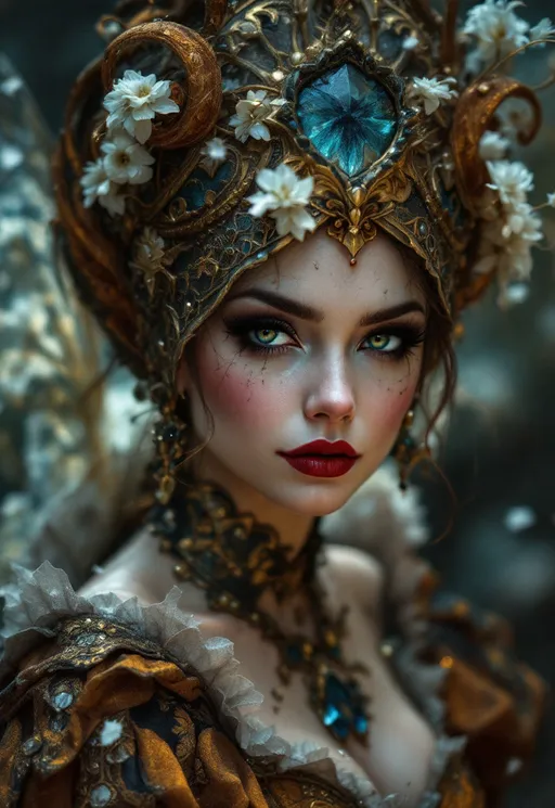 Prompt: Grunge medieval Tinkerbell drag queen (strong drag queen facial features), impasto, old picture effect, whimsical, highres, detailed, medieval, impasto, old picture effect, grunge, Snow White, fairy tale, dark tones, atmospheric lighting