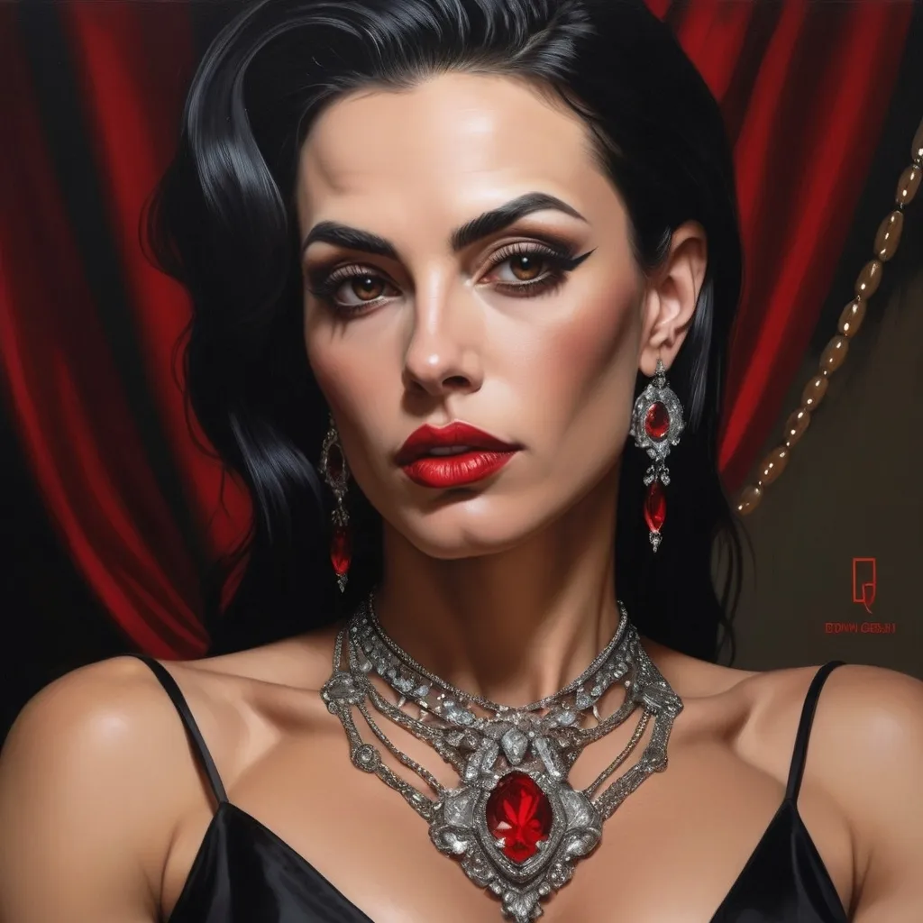 Prompt: a Gorgeous muscular 35-year-old Portuguese drag queen (very strong masculine jawline and brow features) with a necklace and earrings on her neck and red lips and a black dress on her chest, Edwin Georgi, gothic art, highly detailed digital painting, a photorealistic painting