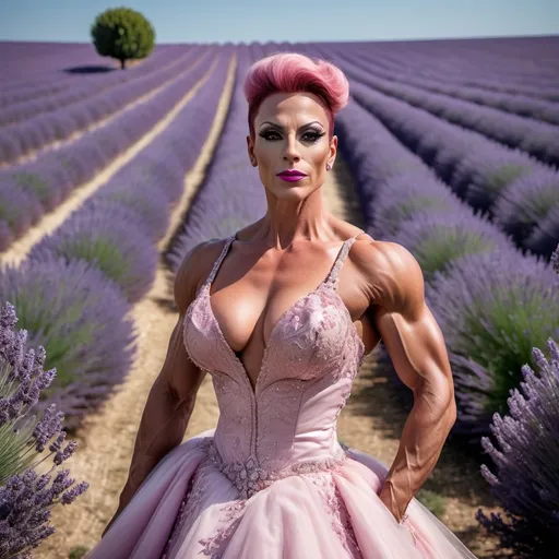 Prompt: A gorgeous, muscular, 35-year-old, French, 
drag queen bodybuilder (dark red matte lipstick, big busom) wearing an elegant pink princess wedding gown, standing gracefully in a vast lavender field in Provence, France. 