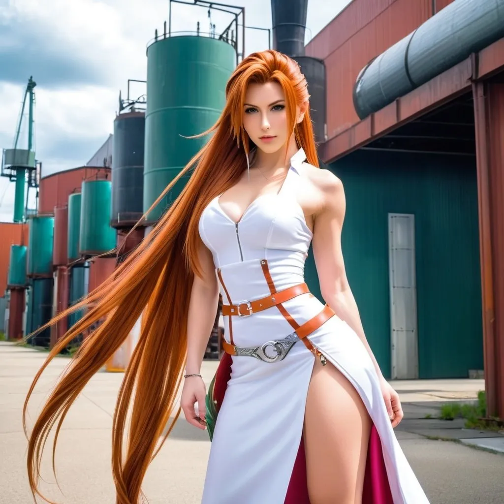 Prompt: Gorgeous ultra-muscular 25-year-old Finnish goddess dressed as Aerith Gainesborough (((Final FantasyVII))) with ridiculously long straight shiny burnt orange hair, huge busom, and with 8 inch stiletto high heel shoes 