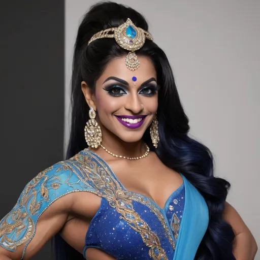 Prompt: A gorgeous muscular 25-year-old Indian British drag queen bodybuilder with large busum and a stunning and confident appearance. She has a radiant smile on her face, exuding charm and positivity. Her attire is a traditional outfit in a vibrant blue color, richly detailed with intricate embroidery and embellishments. Her long, silky black hair cascades down her back, framing her beautiful face. Her large, expressive eyes, adorned with subtle makeup, draw attention with their mesmerizing depth. Her sharp, clear masculine facial features are illuminated in soft, flattering light, showcasing every detail with clarity. Her well-toned, graceful physique resembles that of a goddess, reflecting both strength and elegance. The background is softly blurred to emphasize her presence and create a captivating focus on her beauty and aura