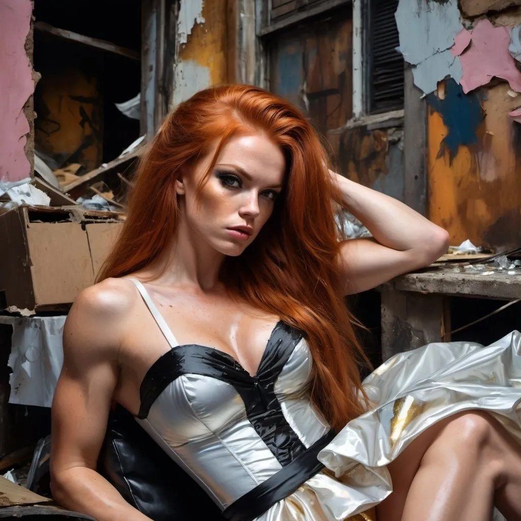 Prompt: A close up portrait of a Drunken long haired red-head gorgeous ultra-muscular 25-year-old Russian bodybuilder woman dressed in a ridiculous puffy golden party dress with a black sash. She is sitting in torn and distressed sofa chair, by a broken shattered TV and other trash, in a back alley, oil painting, desolate surroundings, gritty realism, dark and somber tones, dramatic lighting, ultra-detailed, emotive, expressive faces, urban trash filled alley, reflective lighting, oil painting, desolate, gritty, dramatic lighting, somber tones, expressive faces, puffy white party dress, pink sash