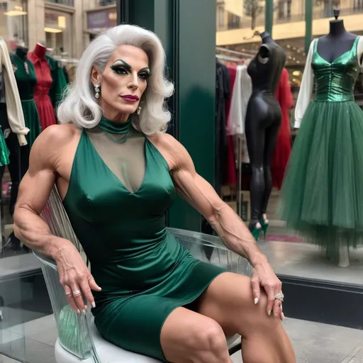 Prompt: full three-quarter view of a gorgeous muscular 45-year-old French drag queen (strong masculine jawline and brow features) with graying hair wearing a dark green dress, and white high-heeled shoes, sitting on a chair in a closed transparent glass cage located in a store window