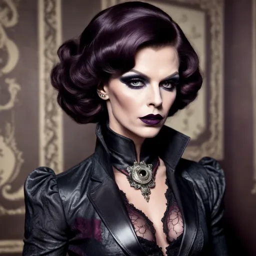 Prompt: If Sherlock Holmes was a gorgeous muscular drag queen. Dark eye makeup and dark lipstick.