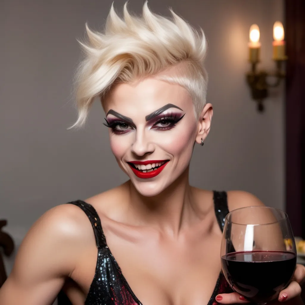 Prompt: A gorgeous ultra-muscular 25-year-old Russian drag queen with very short spiky blonde pixie hair (dark eyeshadow and dark red lipstick) at a dinner party drinking red wine and laughing