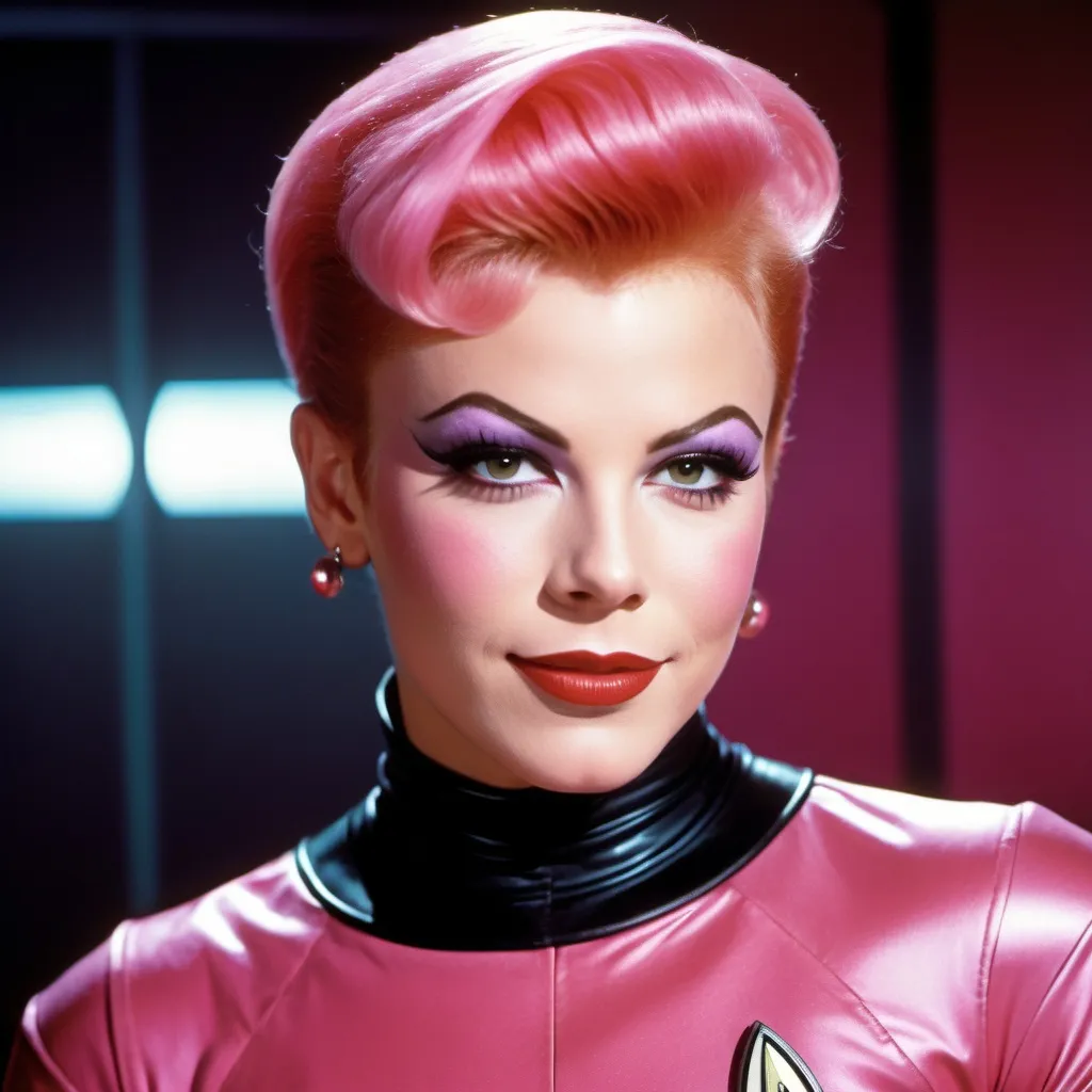 Prompt: Young William Shatner dressed up as a Gorgeous ultra-muscular 25-year-old Czechian drag queen, Star Trek Uniform, harness:1.4, full lips, short swept over pink hair, heavy mascara, dark eyeshadow, dark red lipstick, Bridge Command Center Background, instagram pose, smiling, raw photo, sharp focus on eyes, film grain, magazine cover, high quality, clothing details, fine fabric, full body, art student, (official art, extremely detailed CG unity 8k wallpaper), beautifully detailed eyes, detailed fine nose, detailed fingers, (8k), (best quality), ( masterpiece:1.2), (realistic), ( photorealistic:1.57), extremely detailed handsome gentlebeing, couture, magazine cover, textless, high quality, clothing details, fine fabric, full body, 8k, cinematic lighting (high detailed skin:1.1) ,Enhance,Golden Inspiration