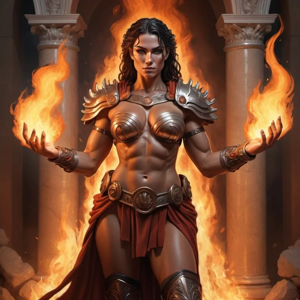 Prompt: hyper-realistic Muscular Roman Goddess with fire hands, high hee boots, fantasy character art, illustration, dnd, warm tone, Full body, head-to-toe, Hades background 