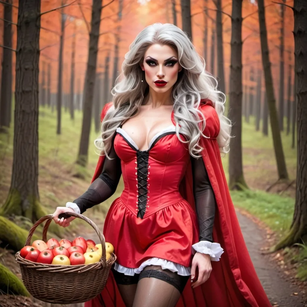 Prompt: Gorgeous 25-year-old (caucasian) muscular Austrian drag queen ((strong masculine jawline and brow)) with fit figure, and ridiculously long wavy silver hair (((blowing in the wind))), dressed as Little Red Riding Hood, black sheer nylon stockings, and 8 inch stiletto high heel shoes, walking through the forest carrying a basket of food.