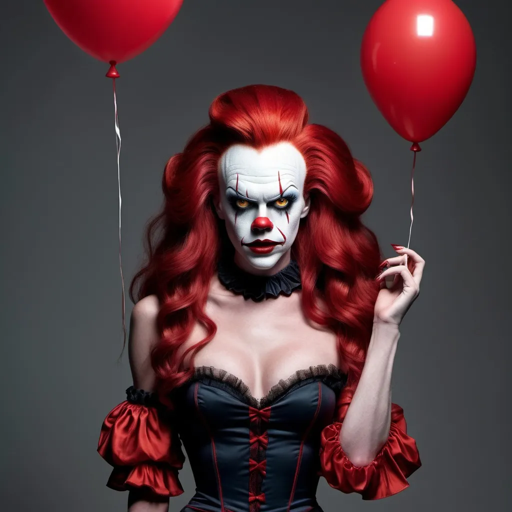 Prompt: If Pennywise was a gorgeous supermodel drag queen (full length photo) with long flowing red hair and long muscular legs