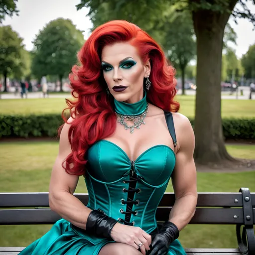 Prompt: Gorgeous muscular 35-year-old Danish drag queen with bright red volume waves hairstyle,  dark eyeshadow and dark lipstick,  and strong masculine facial features, wearing a teal corset dress sitting on a park bench, wearing high heels boots