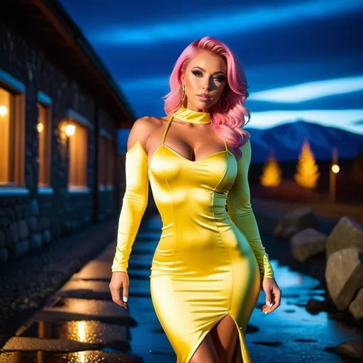 Prompt: Gorgeous ultra-muscular 25-year-old Czechian goddess bodybuilder with huge busom and short styled pink hair, wearing a long backless yellow gown, and 8 inch stiletto high heel shoes, standing in wilderness with the northern lights in the background, no shoes on, running in puddles, full body shot, cobblestone street, 5 0 0 px models, amazement, photo render, eye-candy, a woman with blue eyes gazing longingly at the viewer, perfect skin, no blemishes, perfect white teeth, aquiline features, detailed makeup, flawless,