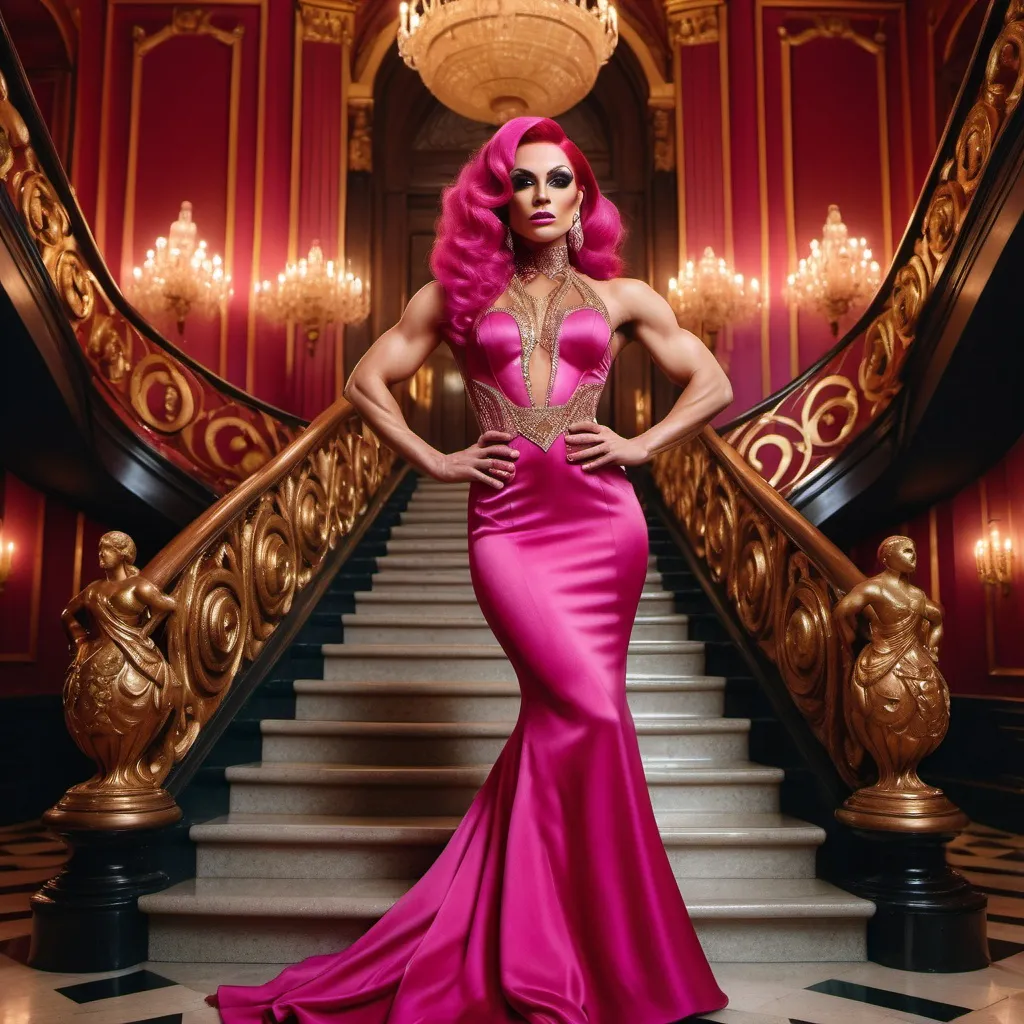 Prompt: High-resolution, cinematic-style photograph featuring a gorgeous ultra-muscular 25-year-old Romanian drag queen bodybuilder with fair skin and fuchsia hair styled in elegant waves. Wearing a bronze and red gorgeous Versace dress with a high neck line. She is standing on an ornate staircase in a grand, opulent interior.