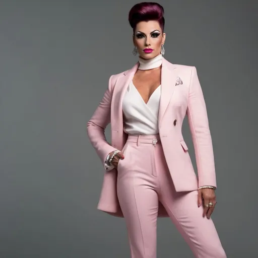 Prompt: Here's a prompt:

"Generate an image of a stylish and confident 35-year-old Hungarian drag queen bodybuilder wearing a stylish pink and white ensemble. Face has strong masculine jawline and brow. Dark eyeshadow  and dark lipstick. Large busom. Short updo hairstyle. 

Outfit:

- Trousers: White, slim-fit, and elegantly tailored
- Coat: Pastel pink, fitted, and knee-length with a subtle sheen
- Top: Soft white or light pink blouse with delicate details (optional)
- Shoes: White or metallic stiletto heels
- Accessories: Minimalist jewelry, such as a simple watch and elegant earrings

Pose:

- Stand with confidence, with one hand in the coat pocket
- Slightly angle the body, showcasing the outfit's silhouette
- Gaze directly at the camera with a subtle smile

Background:

- Soft, neutral-colored setting (e.g., light gray, beige, or white)
- Minimalistic environment to emphasize the outfit

Style:

- Modern, sophisticated, and effortlessly chic
- Emphasize the harmony of pink and white hues
- Capture the individual's poise and confidence

Generate a high-quality image showcasing the perfect blend of style, elegance, and modern flair."