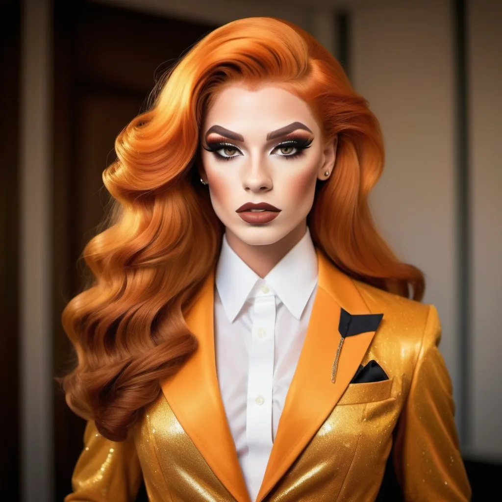 Prompt: "A gorgeous muscular 18-year-old Austrian drag queen with striking orange hair and brown eyes that shimmer with a golden hue. She has a sharp, regal face (strong masculine jaw and brow) and an air of authority. Known as the 'Golden Dutchess,' she is tall and muscular, exuding confidence and refinement. Dressed in a tailored noble coat with intricate detailing, she stands in a grand hall, her demeanor poised yet guarded, hinting at a troubled past beneath her polished exterior."