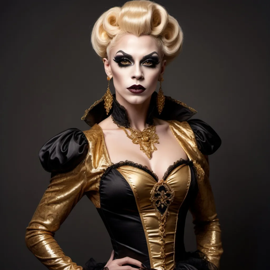 Prompt: elegant gorgeous muscular young vampire drag queen in gold and black tones and victorian dress