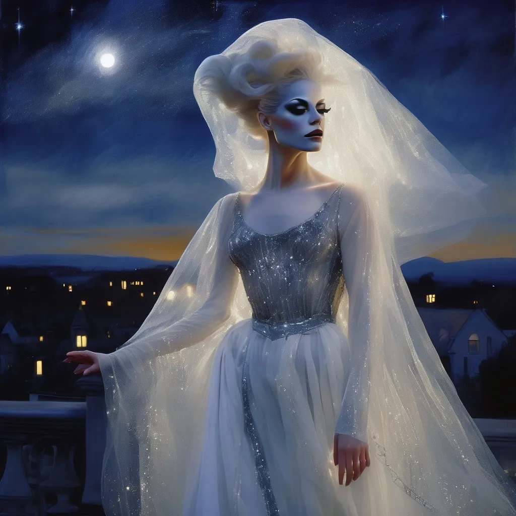 Prompt: (beautiful white Swedish drag queen) walking gracefully under a starlit sky, (melancholic mood), deep indigo and shimmering silver tones, soft ethereal glow, a delicate veil of night softly surrounding her, gentle whispers of a cool breeze, capturing a moment of quiet elegance, (highly detailed), enchanting landscape in the background, timeless and romantic atmosphere.