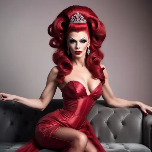 Prompt: Gorgeous ultra-muscular 25-year-old Dutch drag queen dressed as a proper modern princess with ridiculously long dark red updo hair wearing eight inch stiletto high heel shoes posing on the couch