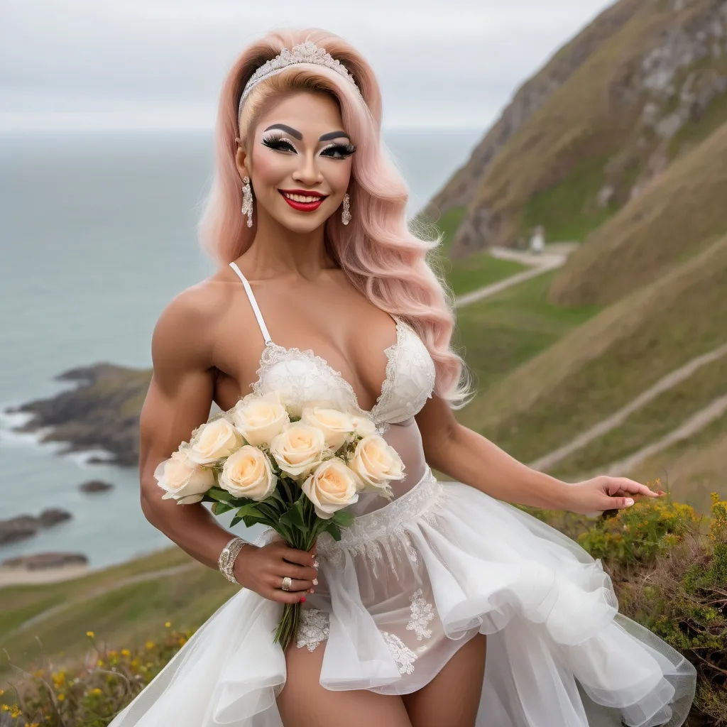 Prompt: Cute and glamorous 20-something Eurasian drag queen bodybuilder, very beautiful,
During a photoshoot wearing a sheer mini wedding dress, garter belt, and stiletto high heels
Hairband on her head
Smiling expression
Outfit that emphasizes her glamorous body
Large busom 
Holding a small bouquet in one hand.
Taking a photo on a windy seaside hill.
Skirt and veil blowing in the wind
Sitting on a bench with her muscular legs slightly spread
Thighs visible
Wearing a garter belt
