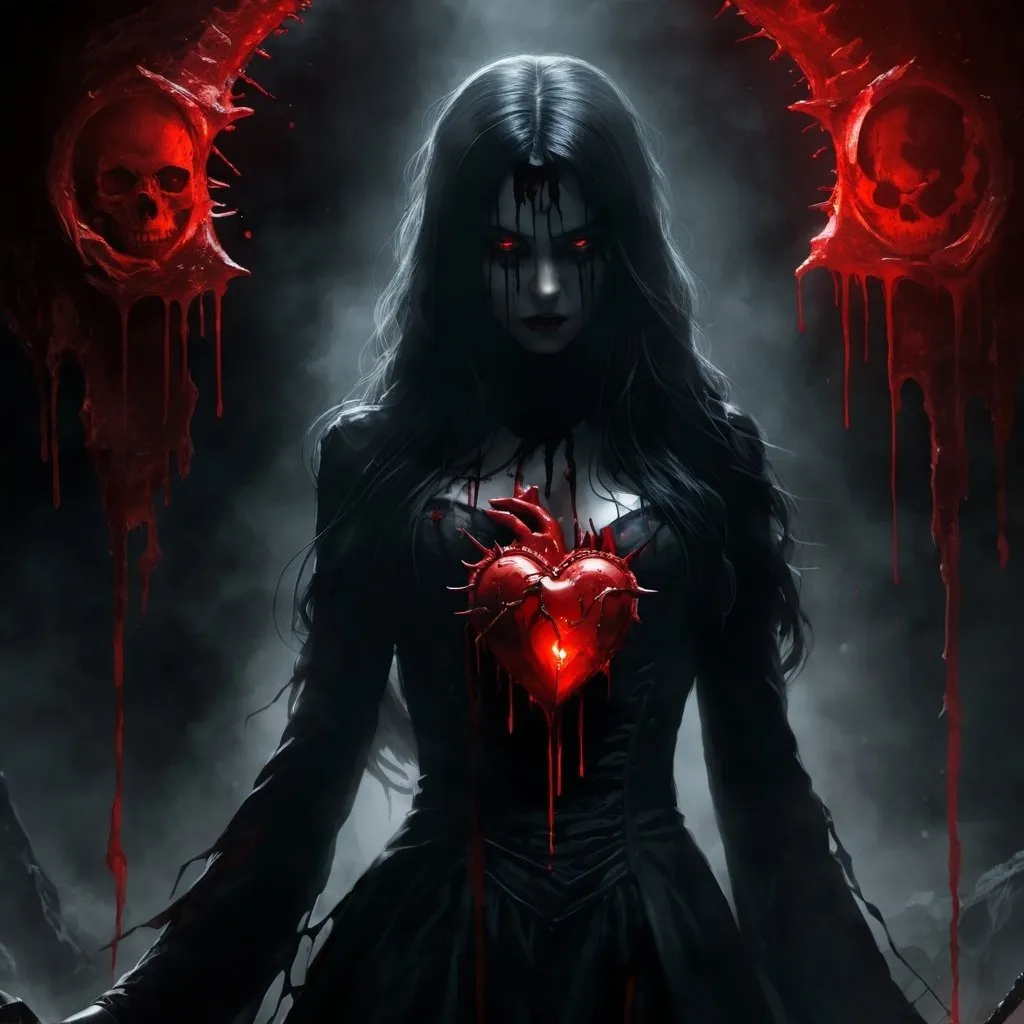 Prompt: From the depths of hell rises a female figure in black with a bloody human heart in her hand. 