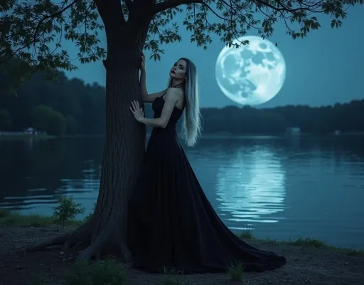 Prompt: Gorgeous muscular Gothic drag queen vampire with long silver and black hair, wearing a long black dress with a train. She is posing attractively by a tree by the lake. On an evening with a big blue moon in the sky