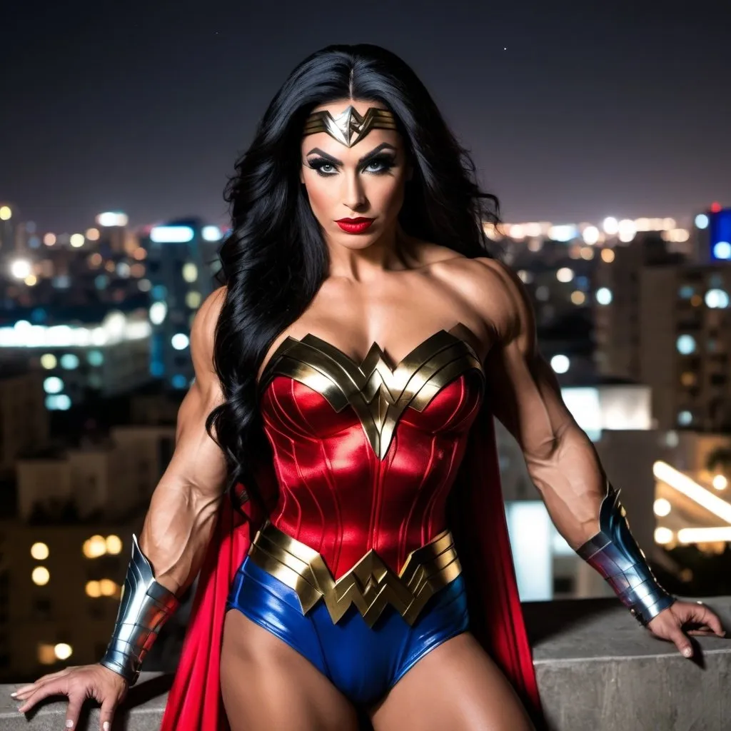 Prompt: Gorgeous ultra-muscular 25-year-old Israeli drag queen bodybuilder with huge busom and long flowing black hair, dressed as Wonder Woman (DC Comics Character), standing on the ledge of a building at night.