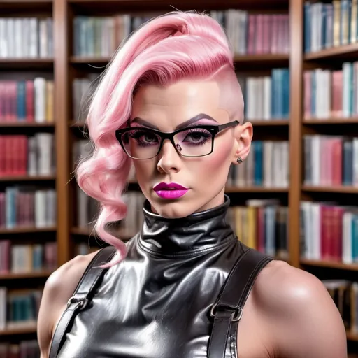 Prompt: Gorgeous muscular 25-year-old nerdy drag queen with long pink high & tight ponytail,((strong masculine jawline and brow features)), creased wrinkled shiny leather bib overalls with turtleneck, standing in a college library. 